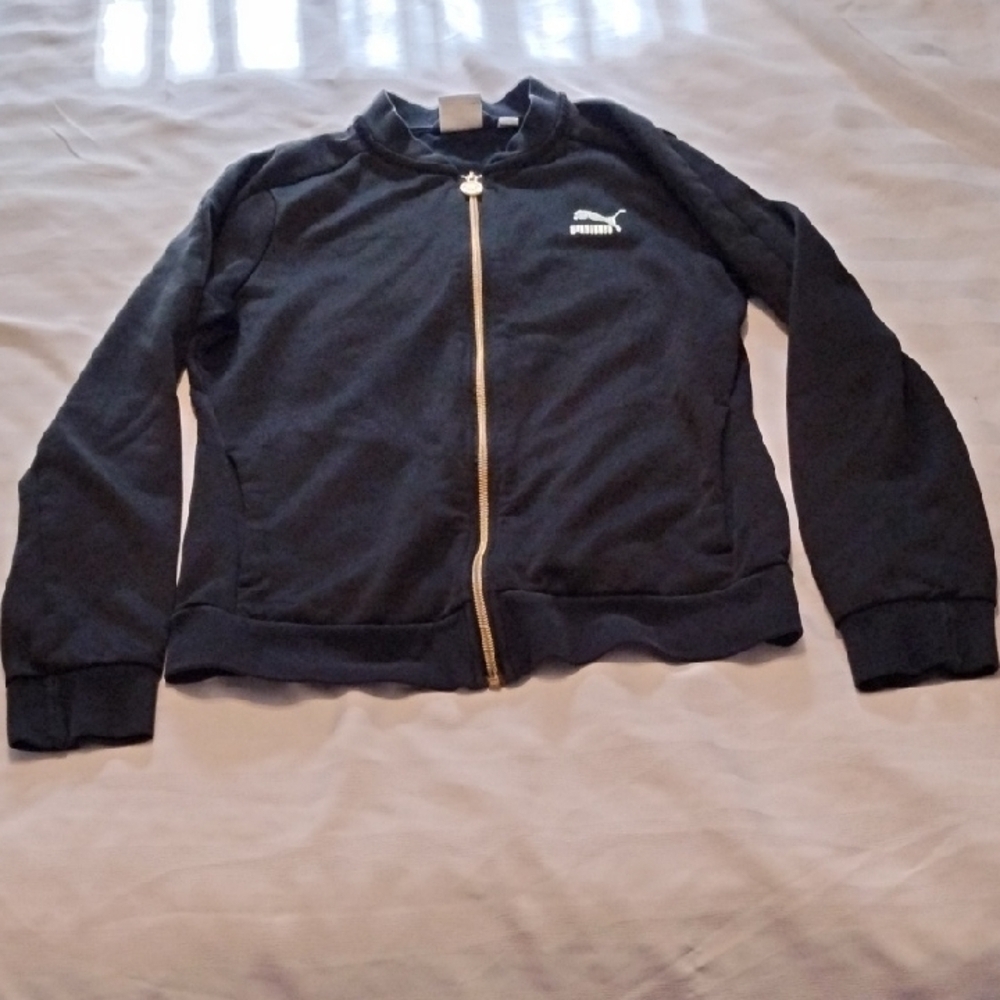 Puma Woman's Black & Gold Logo Zip-Up Bomber Track Jacket, Size: M